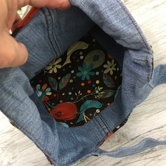 Whimsical Bird Brown Hand Bag Denim Jean Leaf Retro Print Handmade Sewn - Picture 6 of 8
